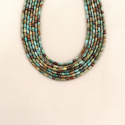 PAIGE WALLACE 7 Strands Green Turquoise Tubes With Small Brown Rice Pearls Necklace