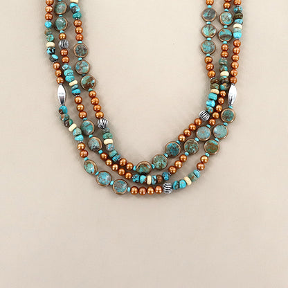 PAIGE WALLACE 3 Strands Turquoise Disk Wrapped In Copper With Gold Pearls Turquoise Stones Necklace
