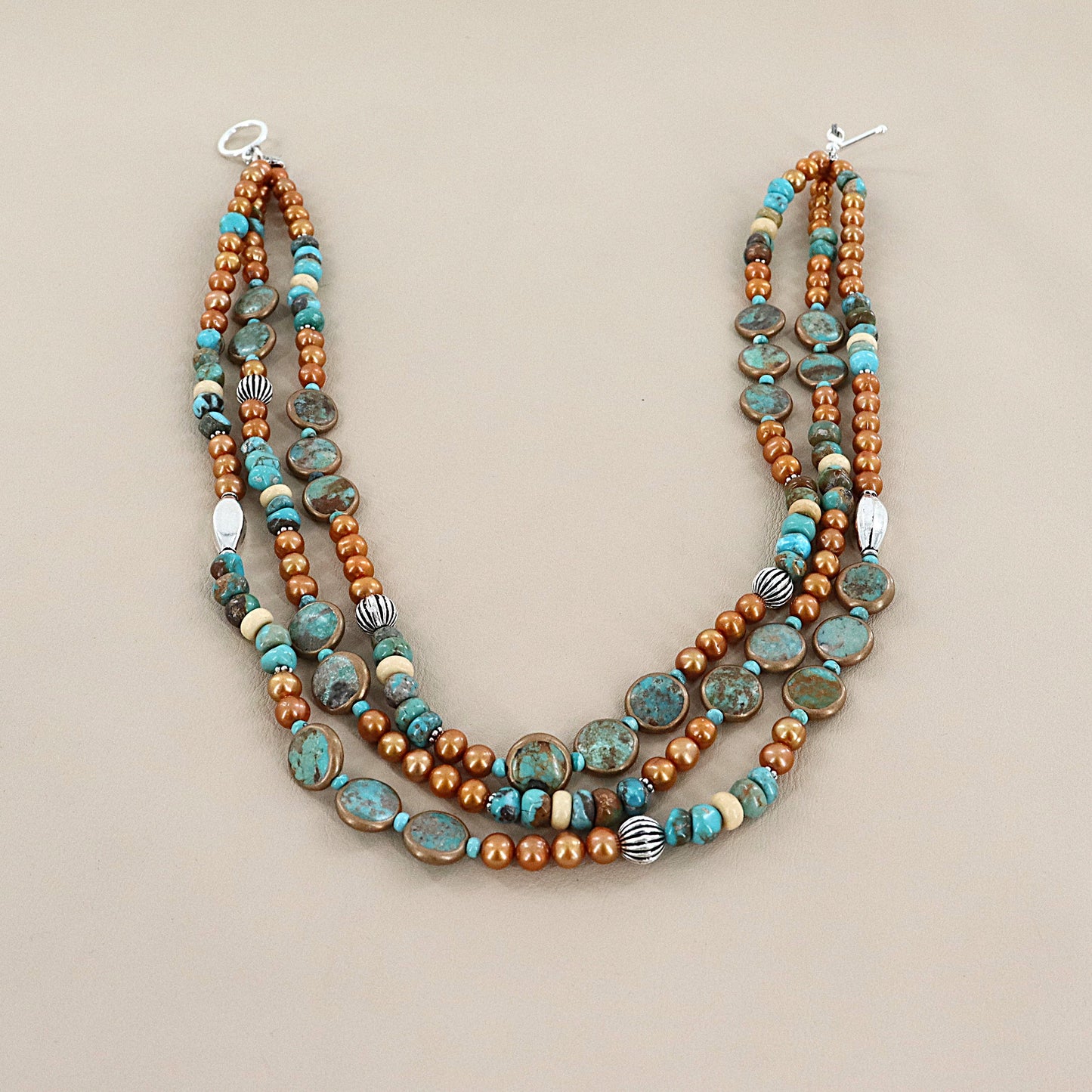 PAIGE WALLACE 3 Strands Turquoise Disk Wrapped In Copper With Gold Pearls Turquoise Stones Necklace