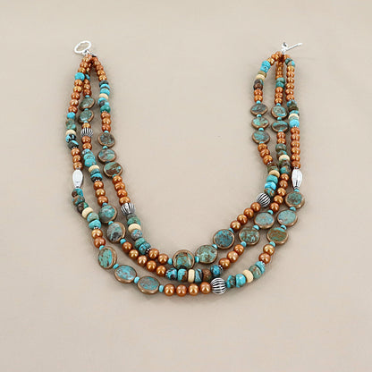 PAIGE WALLACE 3 Strands Turquoise Disk Wrapped In Copper With Gold Pearls Turquoise Stones Necklace