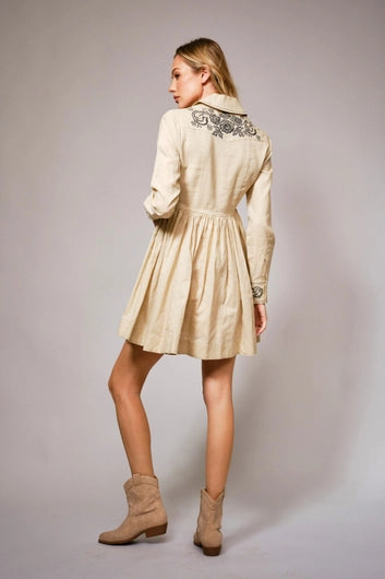BLUE B Embroidered Long Sleeve Linen Dress
