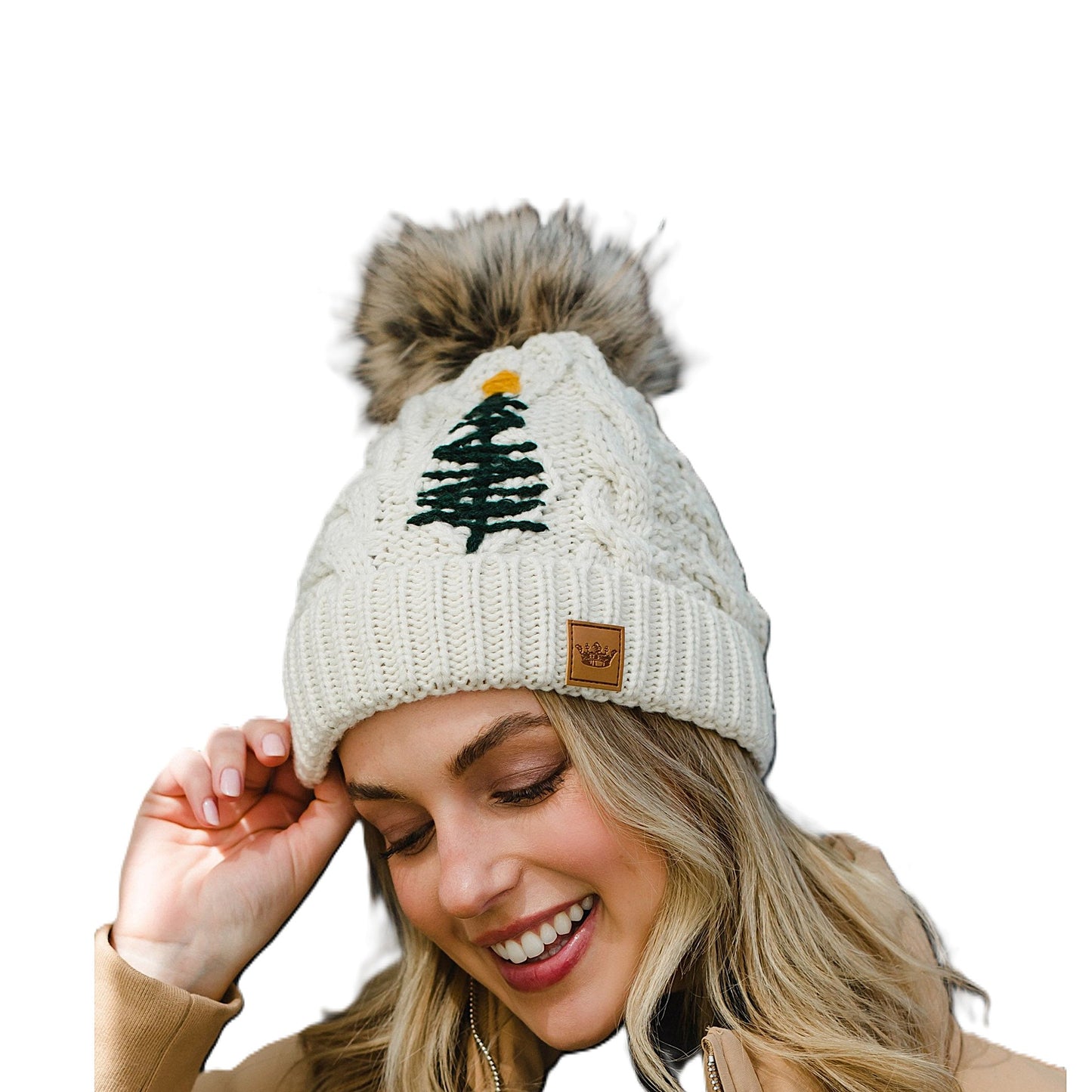 PANACHE Knit Pom Hat with Pine Embroidery