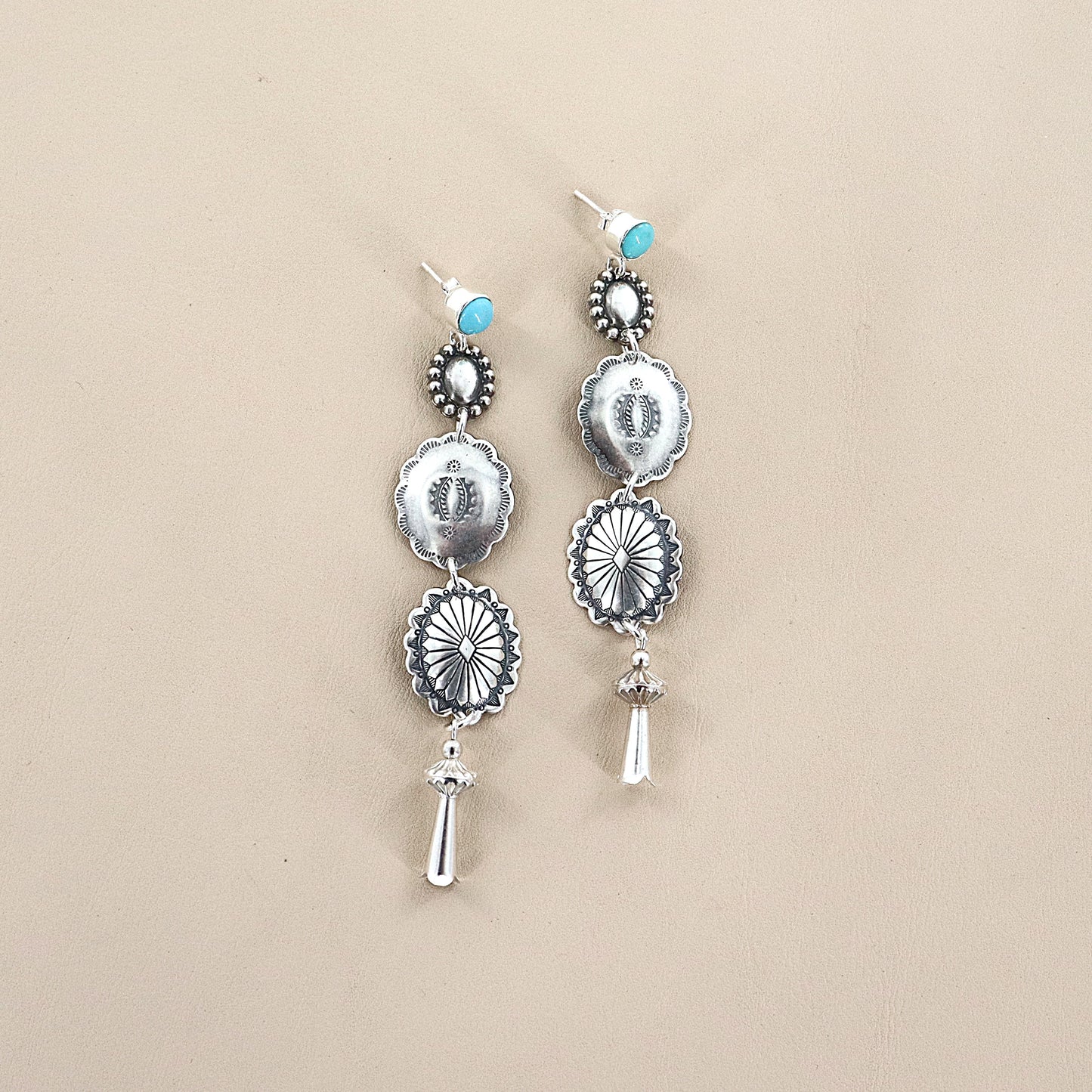 PAIGE WALLACE Turquoise Stud Concho Squash Flower Dangle Earring