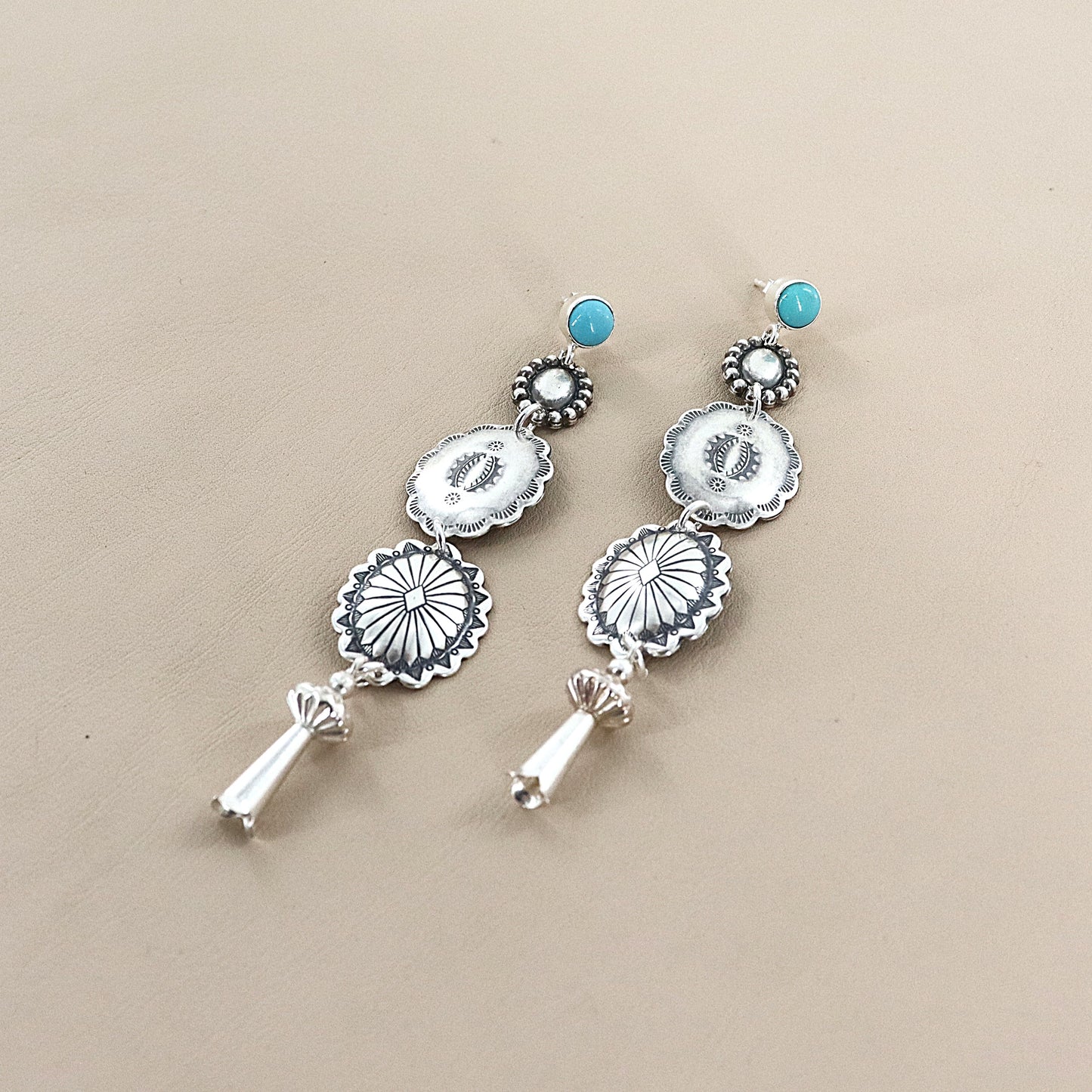 PAIGE WALLACE Turquoise Stud Concho Squash Flower Dangle Earring