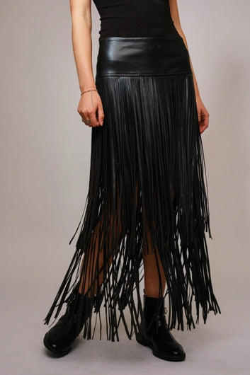 BLUE B Faux Leather Tiered Fringe Maxi Skirt