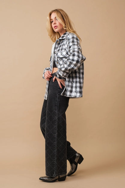 BLUE B Distressed Quilted Slash Wide Leg Mid Rise Denim Jeans