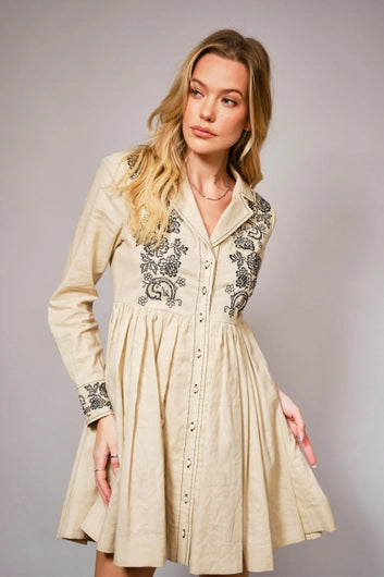 BLUE B Embroidered Long Sleeve Linen Dress