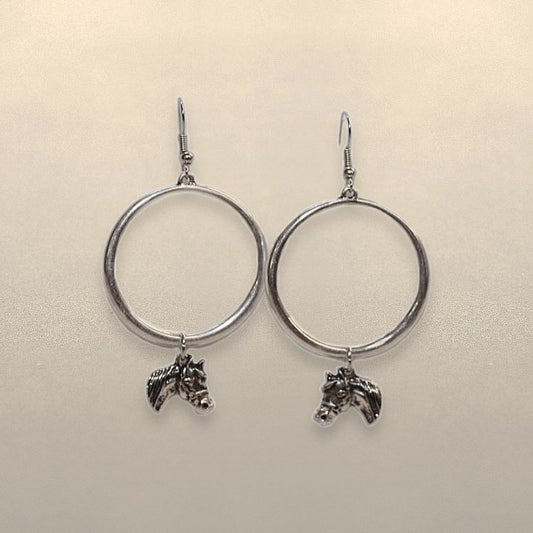 ABCO Silver Hoop Earrings with Horse Head Charm