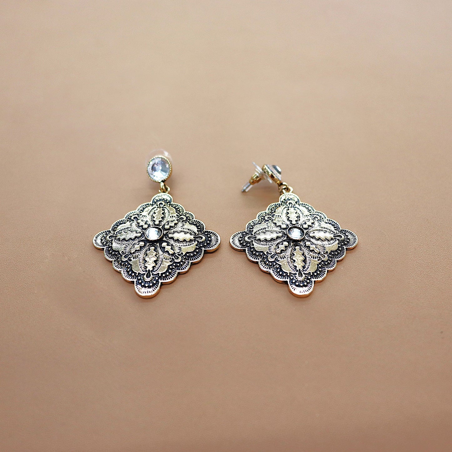 ABCO Diamond Shaped Concho Earring On Rhinestone Post