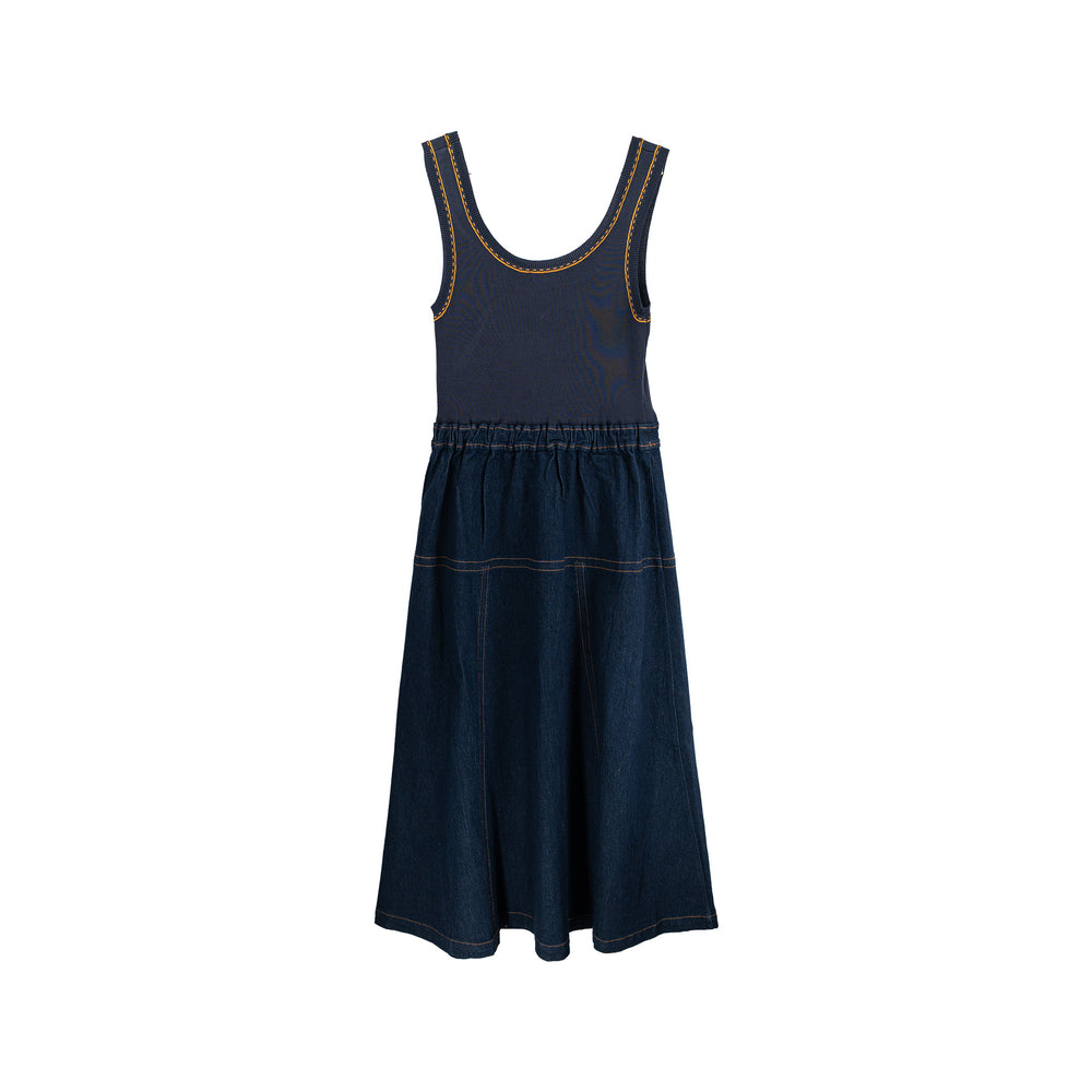 MOON RIVER Mix Media Denim Midi Dress Denim / M