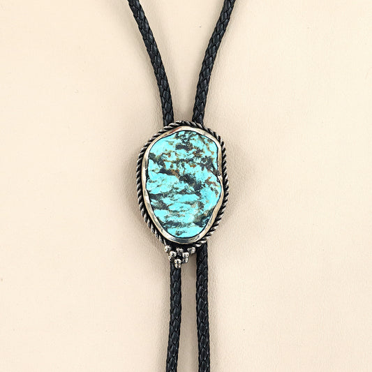 PAIGE WALLACE Turquoise Freeform Nugget German Silver Braided Leather Bolo Tie