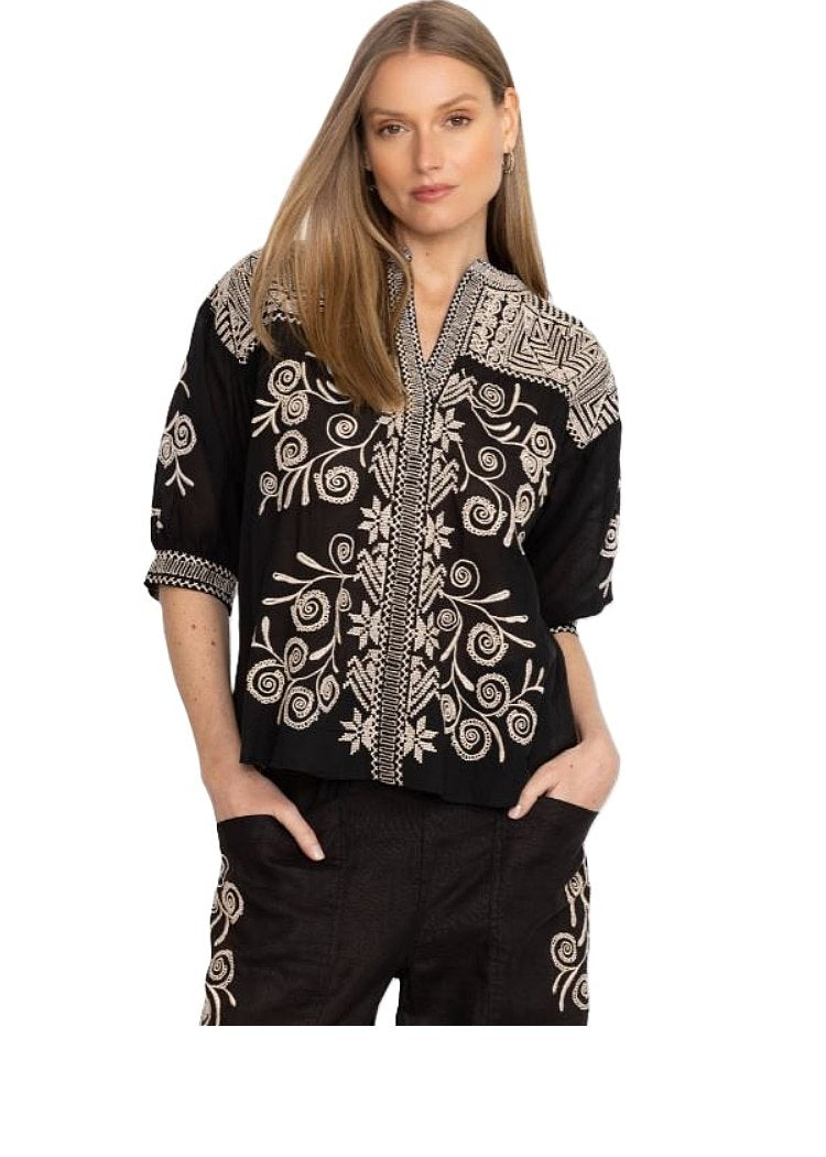 JOHNNY WAS Puff Sleeve Henley Blouse