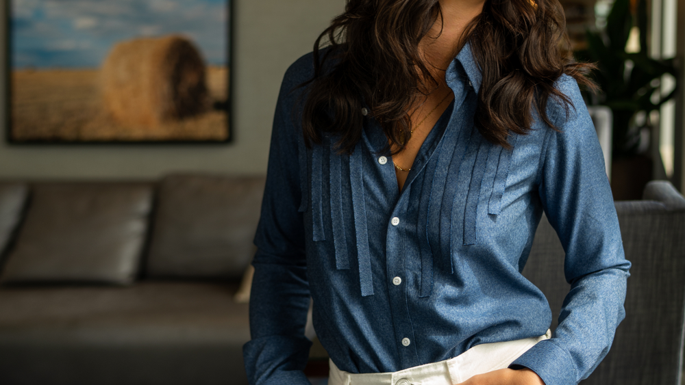 
                  
                    Woman Wearing Western Chambray Color Pleated Button Shirt
                  
                