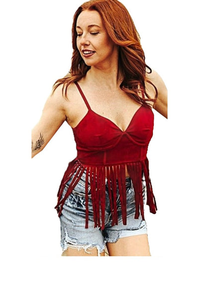 LUCKY & BLESSED Stretch Suede Corset Fringe Hem Crop Top