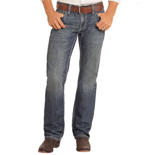 ROCK & ROLL RAISED DENIM EMB PISTOL STRAIGHT DARK VINTAGE DENIM
