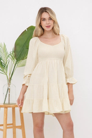 BLUE B Gingham 3/4 Sleeve Smoked Mini Dress