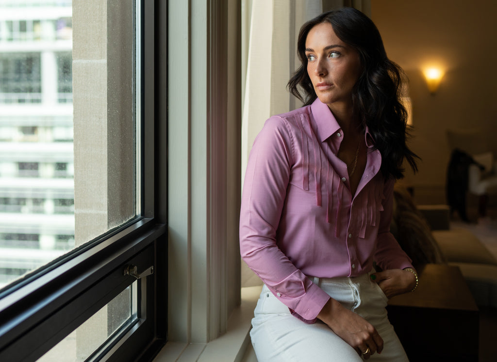 
                  
                    Woman Wearing Pink Western Pleated Button Shirt
                  
                