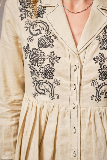 BLUE B Embroidered Long Sleeve Linen Dress