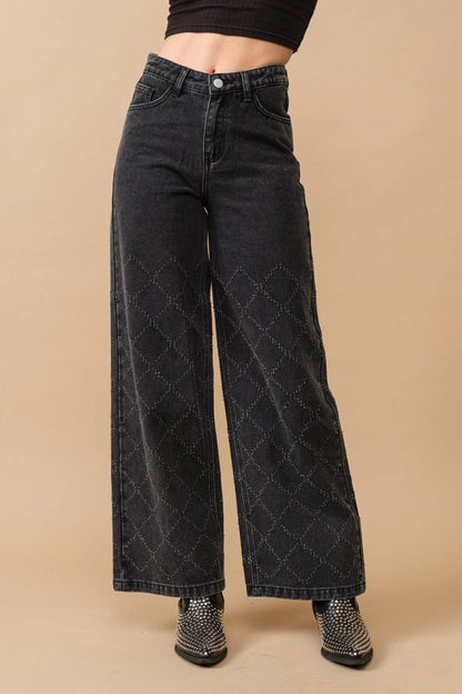 BLUE B Distressed Quilted Slash Wide Leg Mid Rise Denim Jeans