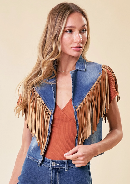 SAINTS & HEARTS Fringed Denim Motor Vest