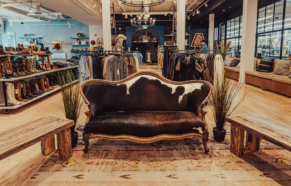 Store floor with cowhide settee